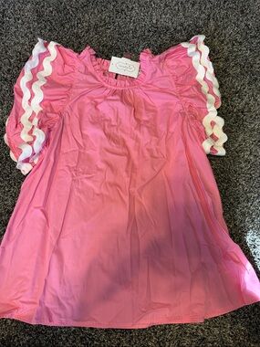 Mud Pie Pink Ruffle Sleeve Blouse with White Rickrack